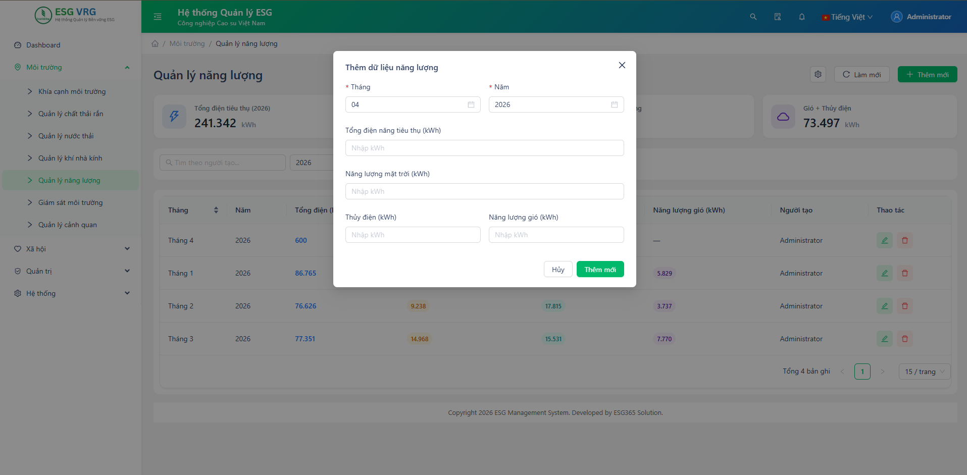 Giao diện form thêm dữ liệu năng lượng