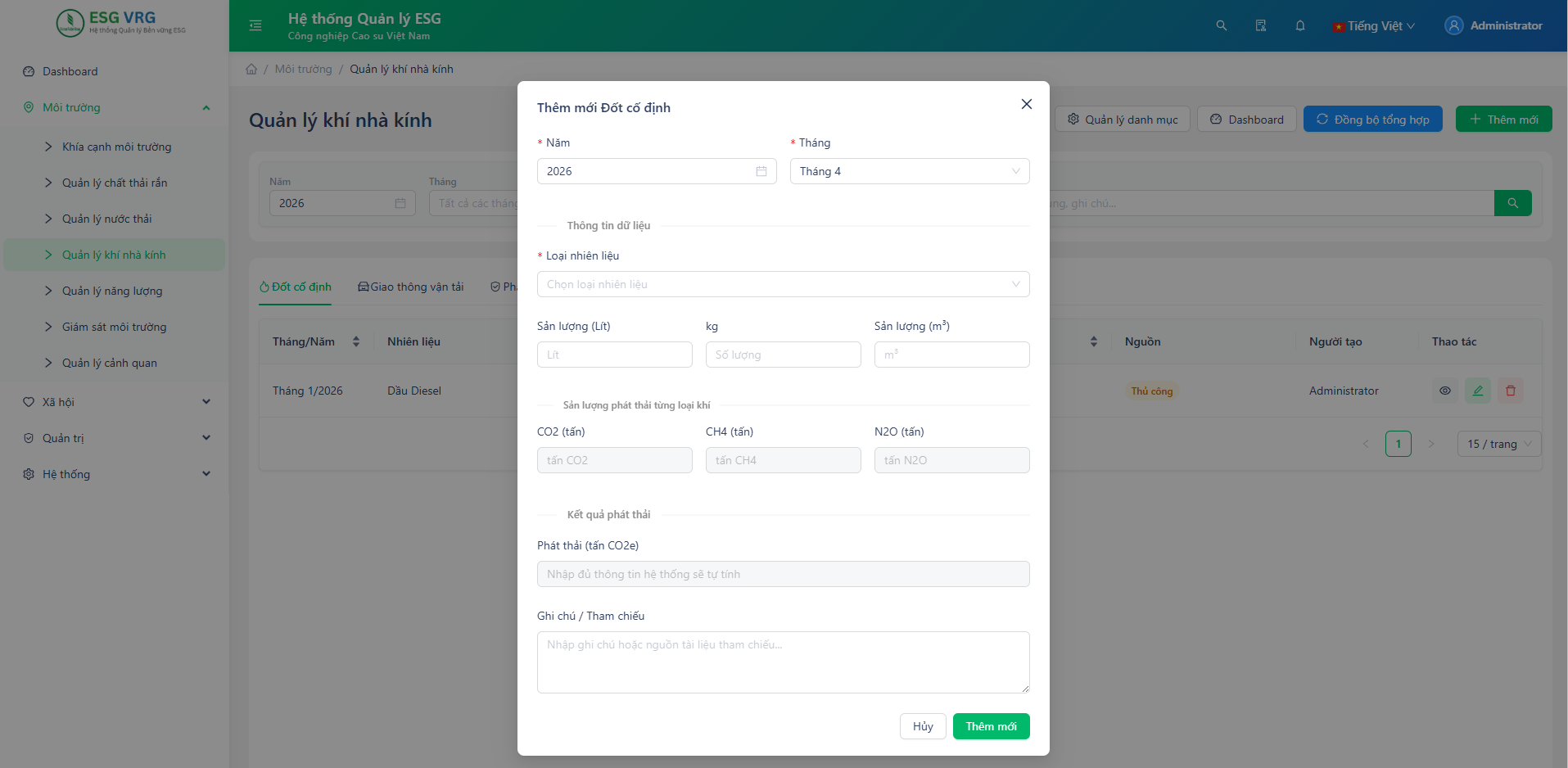 Giao diện form nhập liệu khí nhà kính