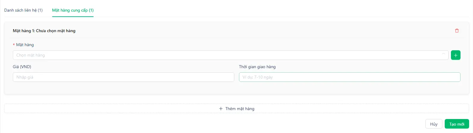 Tab mặt hàng cung cấp